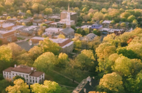 Aerial photo showing green trees and buildings