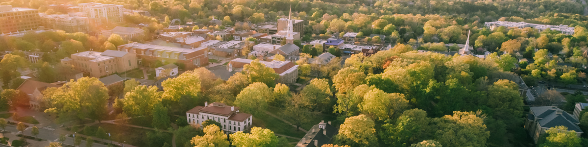 Aerial photo showing green trees and buildings