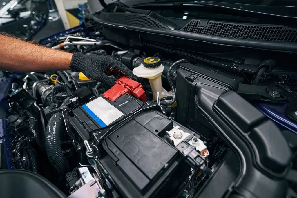 Gloved hand installing car battery in engine bay