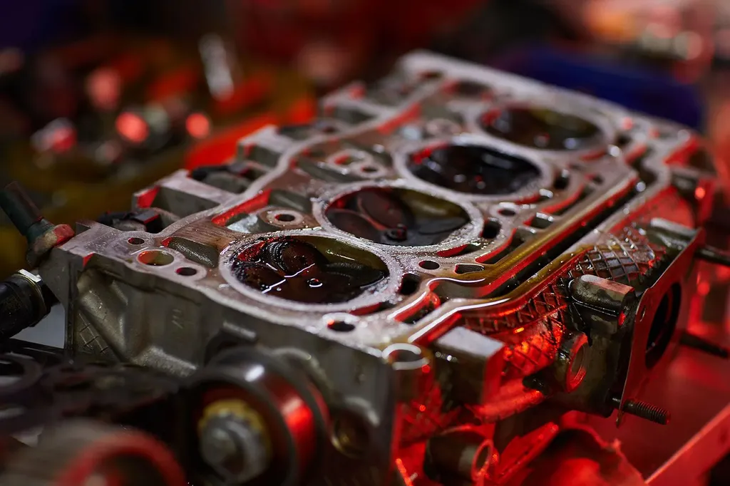 Close-up of disassembled engine block with cylinder bores