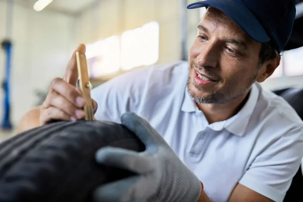 Mechanic inspecting car tire with repair tool