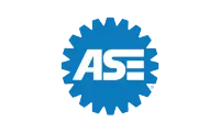 Blue circular ASE certification logo with white lettering