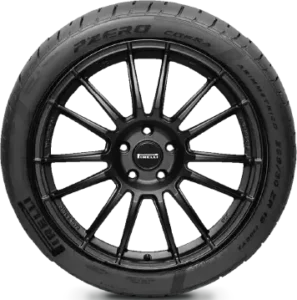 Black alloy wheel with performance tire