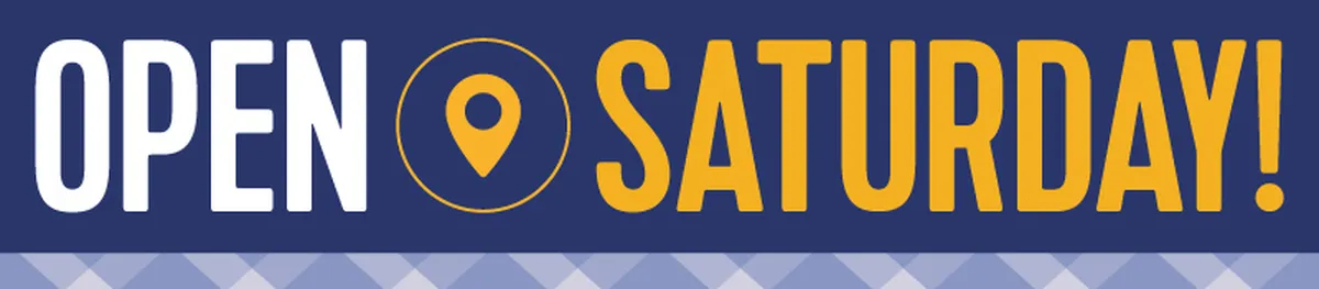 Open Saturday sign with location pin icon