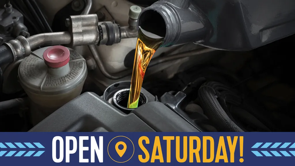 Motor oil being poured into car engine, Saturday service promotion